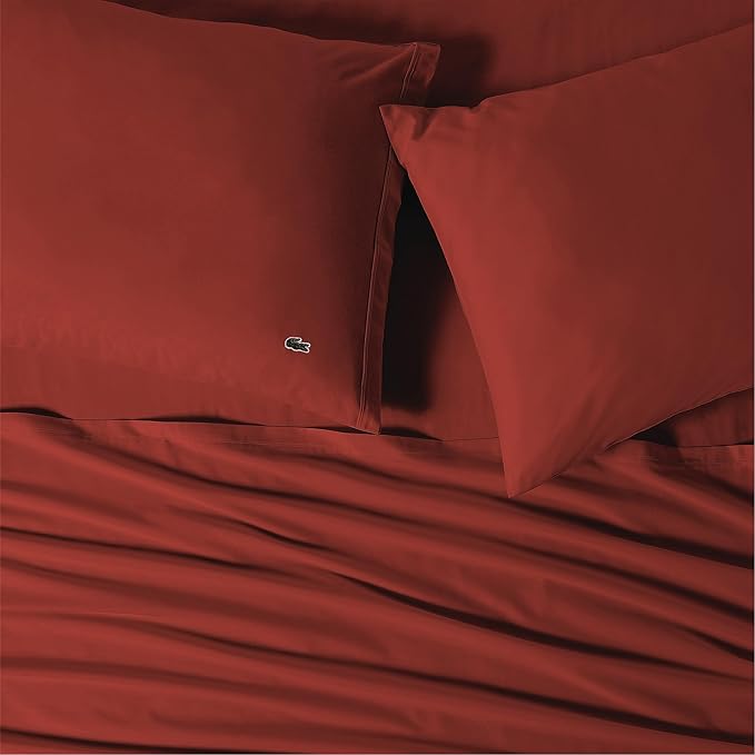 Lacoste 100% Cotton Percale 3-Piece Sheet Set – Cool, Crisp, Matte, and Durable, Oeko-Tex Certified – Solid, Chili Pepper, Twin