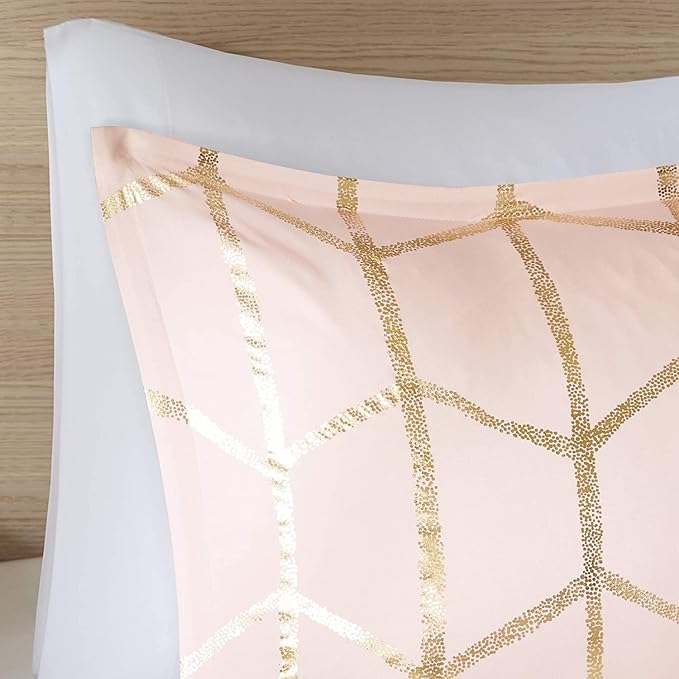 Intelligent Design Raina Comforter Microfiber Metallic Print Geometric Design Embroidered Toss Pillow Modern Trendy Casual All Season Bedding Set Matching Sham, Full/Queen, Blush/Gold 5 Piece