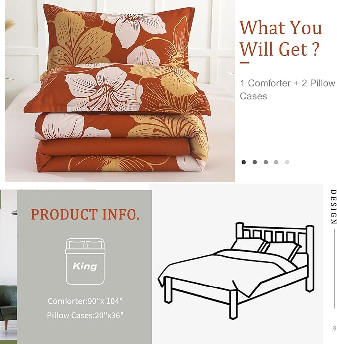 Menghomeus Terracotta Comforter Set King Gold Floral Bedding Burnt Orange Botanical Bedding Sets Lightweight Thanksgiving Bed Comforter Set (1 Comforter, 2 Pillowcases)