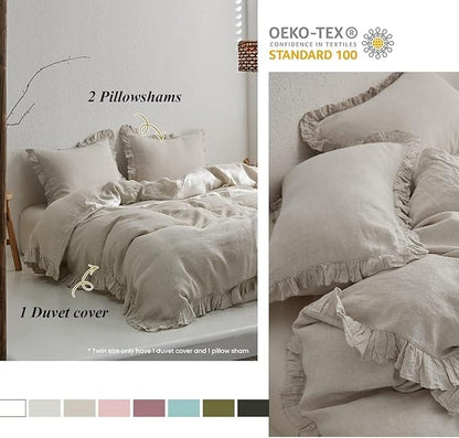 Simple&Opulence 100% Linen Duvet Cover Set, Natural French Flax Ruffle Duvet Cover Twin Size, Breathable Comfy Linen Bedding Comforter Cover with 1 Pillowcase (Natural Linen, 68" X 86")