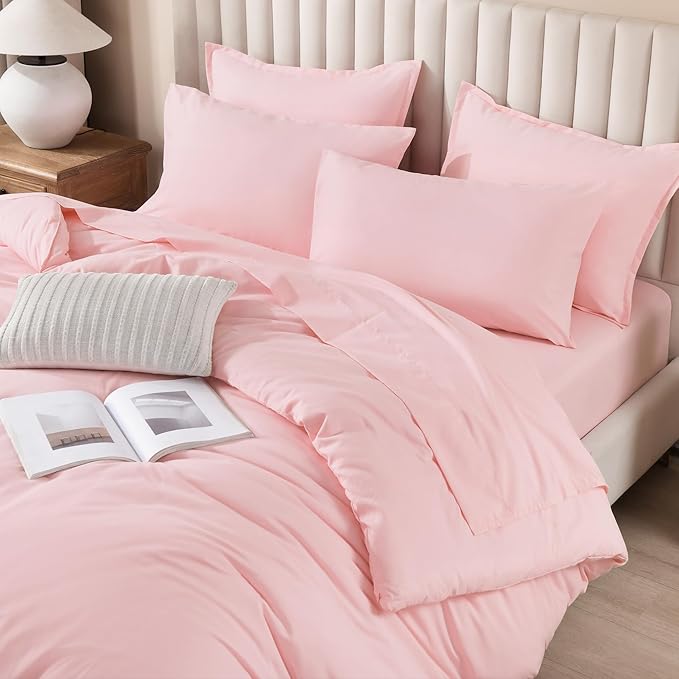 Litanika Full Size Comforter Sets Pink - 7 Pieces Bed in a Bag Full Bedding Comforter Sets, Solid Lightweight Bed Set with Comforter, Sheets, Pillowcases & Shams
