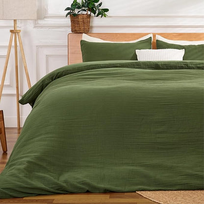 Green Duvet Cover King, 100% Sandwashed Cotton Soft King Size Duvet Cover Set 3 Pieces with Zipper Clousre & Corner Buttons (Green, King 104 x 90)