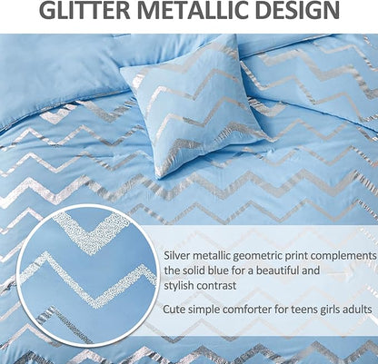 Menghomeus Blue/Silver Comforter Set Queen/Full Size Metallic Print Glitter Bed Comforter Cute Shinny Bedding for Teen Girls Kids Women, 4 Piece (2 Pillowcases, 1 Decorative Pillow Sham)
