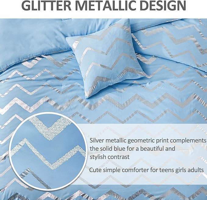 Menghomeus Blue/Silver Comforter Set Twin/Twin XL Size Metallic Print Glitter Bed Comforter Cute Shinny Bedding Sets for Teen Girls Kids, 3 Piece (1 Pillowcase, 1 Decorative Pillow Sham)