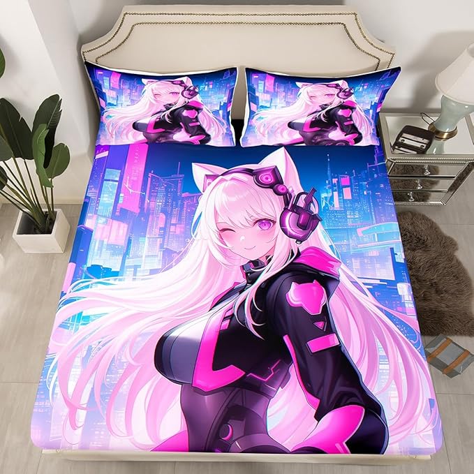 Erosebridal Queen Anime Girl Bed Sheets 3 Piece, Kawaii Japanese Anime Bedding Set Cartoon Girl Fitted Sheet Sci Fi Style Japanese Animation Sheets for Kids Girls Teens Adult Room