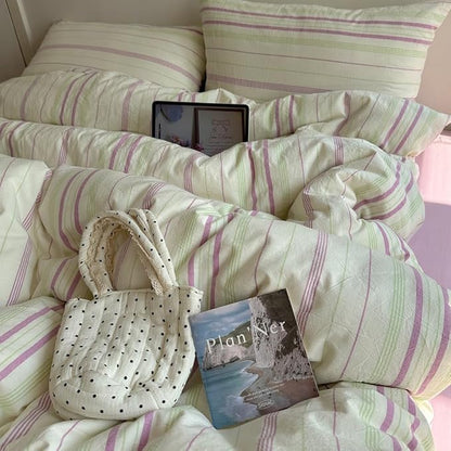 EAVD Vintage Style Striped Duvet Cover Twin Size Soft 100% Cotton Green Purple Vertical Stripes Pattern Bedding Set with 2 Pillowcases Reversible Farmhouse Geometric Duvet Cover with Zipper