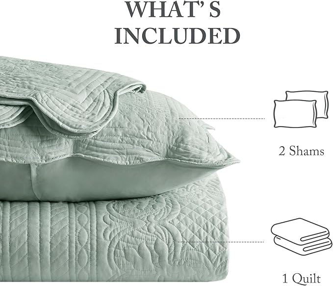 Madison Park Queen Quilt Set Damask Coverlet Set for Queen Size Bed, Cottage Oversized Quilt, Scallop Edge, All Season, Pre-washed Cotton-Filled Queen Size Quilt, Tuscany, Full/Queen Seafoam 3 Piece
