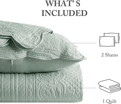 Madison Park Queen Quilt Set Damask Coverlet Set for Queen Size Bed, Cottage Oversized Quilt, Scallop Edge, All Season, Pre-washed Cotton-Filled Queen Size Quilt, Tuscany, Full/Queen Seafoam 3 Piece