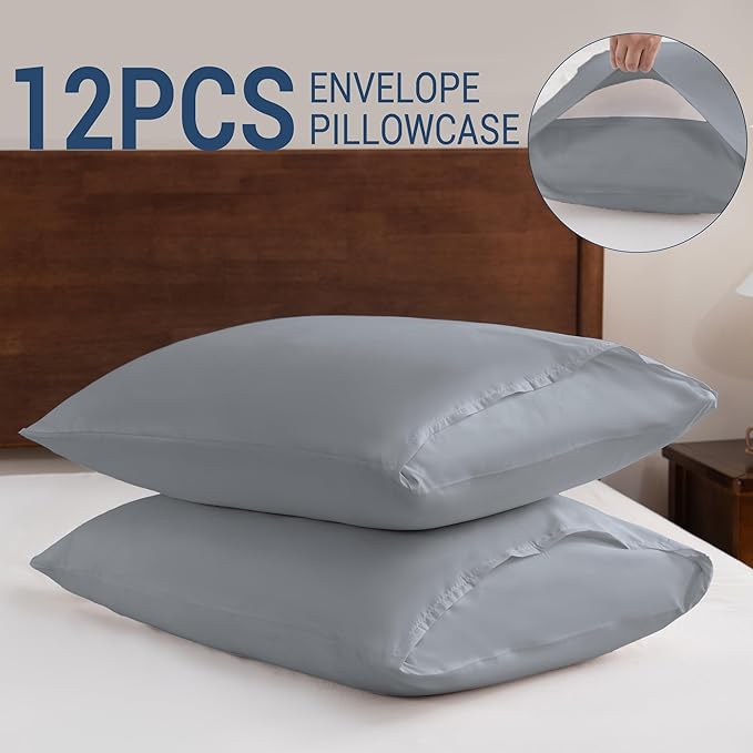 Pillowcases Queen 12 Pack, 20x30 Pillow Cases with Envelope Closure, Soft Plain Brushed Microfiber Covers Breathable Wrinkle-Resistant, Gray