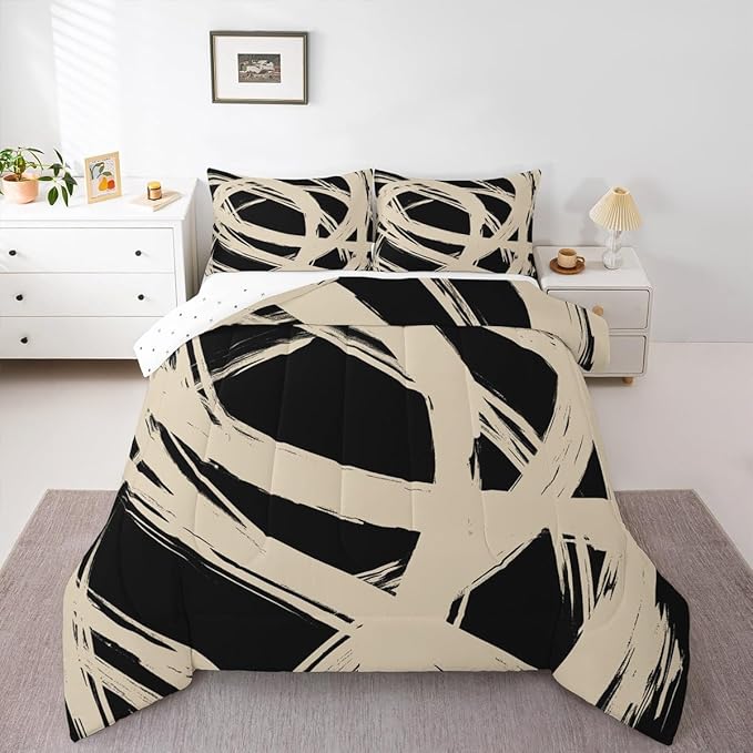 Erosebridal Beige and Black Abstarct Queen Comforter Set for Adult Women Men, Geometric Striped Bedding Set for Minimalists,Graffiti Aesthetic Lines Quilt,Contemporary Boho Modern Art Duvet Insert