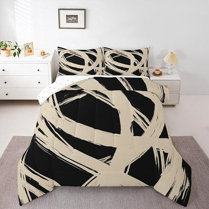 Erosebridal Beige and Black Abstarct Toddler Bedding Set,Aesthetic Geometric Comforter Set for Minimalists,Graffiti Stripes Lines Quilt,Contemporary Boho Modern Art Duvet Insert for Minimalism