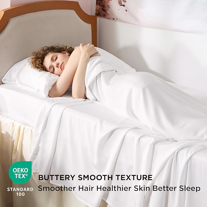 Bedsure Cooling Sheets Twin XL, Rayon Derived from Bamboo, PureWoven, Breathable & Soft Twin XL Sheet Sets, Deep Pocket Up to 16 Inches, Hotel Luxury Silky Dorm Bedding for Hot Sleepers, White