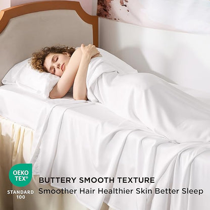 Bedsure Cooling Sheets Twin XL, Rayon Derived from Bamboo, PureWoven, Breathable & Soft Twin XL Sheet Sets, Deep Pocket Up to 16 Inches, Hotel Luxury Silky Dorm Bedding for Hot Sleepers, White