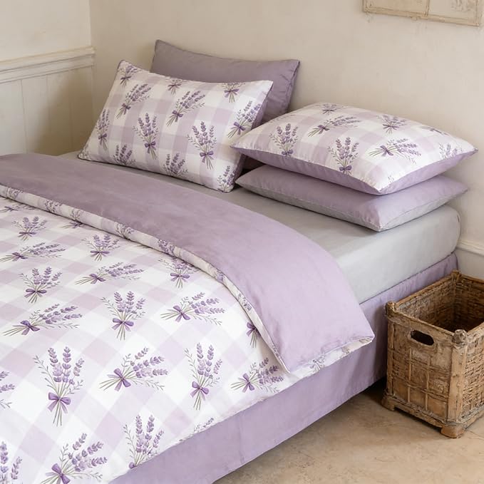 5Pcs Gingham Bed in a Bag Twin Size Girls Purple Lavender Comforter Set with Sheet Plaid Bedding Checkered Quilted Comforter with 2 Pillowcases + 1 Flat Sheet + 1 Fitted Sheet, 68"x86"