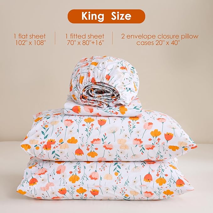 JSD Floral Floral Sheet Set Cal King, 4 Piece Spring Printed Microfiber Bed Sheets Deep Pocket