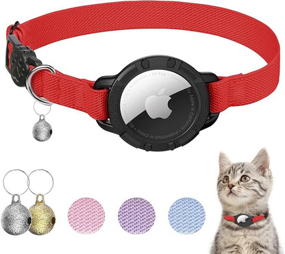 AirTag Cat Collars, Stretchy Collar with AirTag Holder and Bell | Breakaway - Ultra Design Elastic - GPS Tracking Collars - Adjustable Size for Cats & Puppies 7.5-12.5" - (Red)