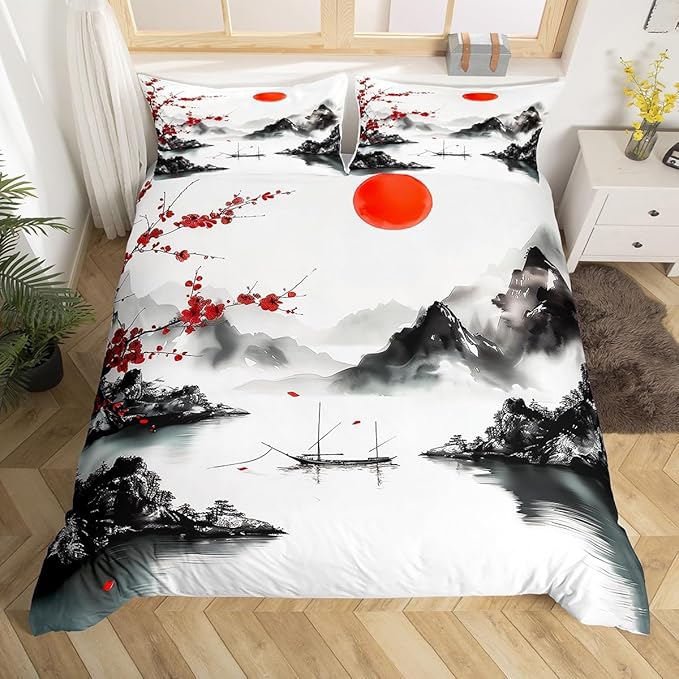 Feelyou Japanese Ukiyoe Theme Bedding Set Full Size Cherry Blossom Duvet Cover for Adult Kids Boys Girls Watercolor Comforter Cover Set Natural Landscape Bedspread Cover 3Pcs Zipper