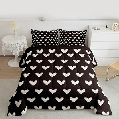 Love Comforter Set King Size White and Black Comforter Bedding Sets for Women Men Girls Valentine Day Gift Quilt Kawaii Heart Shaped Geometric Down Comforter Love Heart Bedding Bedroom Decor 3Pcs