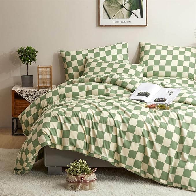 CLOTHKNOW Green White Plaid Queen Comforter Set 3Pcs Grid Bedding Comforter Sets Checkerboard Comforter Checker Queen Comforter with 2 x Pillow Cases