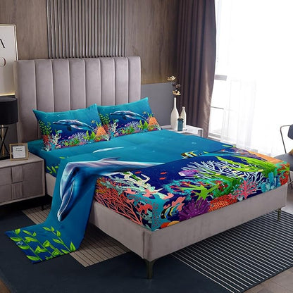 Cute Dolphin Kids Bed Sheets Set Ocean Fish Coral Fitted Sheet Cartoon Undersea Boys Girls Bedding Set for Bedroom Decor Blue Underwater Sheet (King Flat Sheet & Fitted Sheet with 2 Pillow Case)