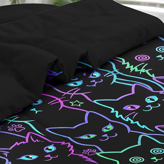 7 Pcs King Size Comforter Set with 2 Pillowcases & 2 Shams, Cute Cat Halloween Bedding Set for Kids and Adults, Neon Funny Gothic Bed in a Bag with Flat Sheet and Fitted Sheet