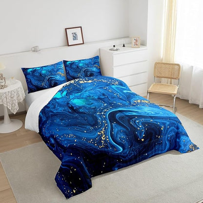 Ombre Blue Marble Bedding Set King, Black And Blue Marble Comforter Set for Boys Girls Teens Adult, Abstract Ocean Wave Fluid Duvet Set with Golden Sequins, Modern Aesthetic Liquid Quilted Comforter