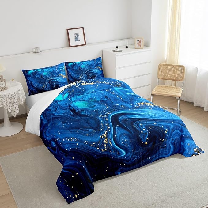 Erosebridal Ombre Blue Marble Queen Comforter Set, Black and Blue Marble Bedding Set for Men Teens Boys, Modern Golden Glitter Down Comforter, Watercolor Tie Dye Art Duvet Insert, Ocean Blue 3Pcs