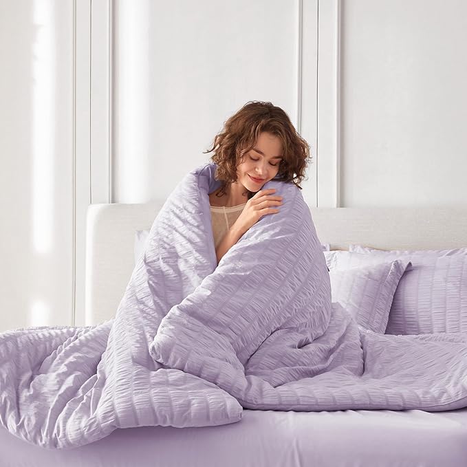MUXHOMO 5 Pieces Twin Comforter Set, Seersucker Bed in a Bag Twin Size, All Season Luxury Bedding Set with Comforter, Flat Sheet, Fitted Sheet, Pillowcase & Sham, Lavender