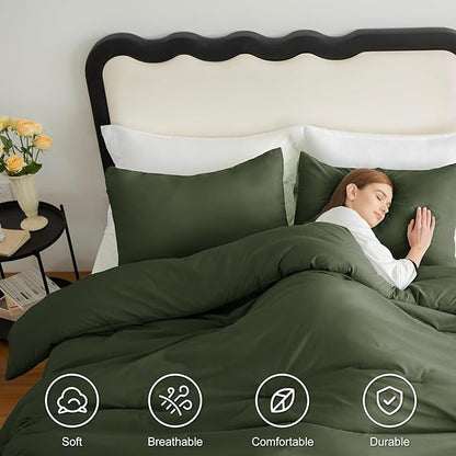 CozyLux Full Size Comforter Set Olive Green, 3 Pieces Solid Breathable Quilted Bedding Sets, Luxury Lightweight Soft Bed Set with Down Alternative Comforter and 2 Pillowcases for All Seasons