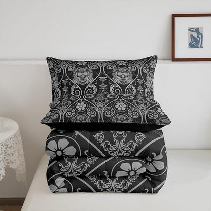 Feelyou Adults Grey Vintage Damask Floral Comforter Set Oriental Antique Comforter Full Size Exotic Sugar Skull Rose Bedding Set Gothic Bohemia Boho Duvet Set Quilt Set 3Pcs