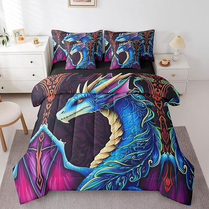 Erosebridal 3D Dragon Comforter Set 7 Piece Bed in a Bag Twin,Vintage Gothic Blue Dragon Bedding Sets Antique Wildlife Mythical Animal Sheet Set with Comforter