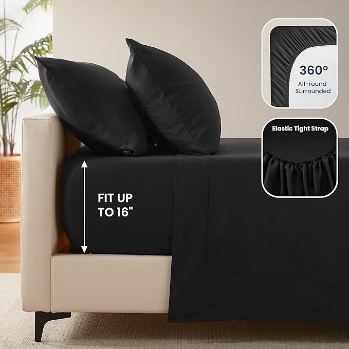 SLEEP ZONE Nanotex Super Soft Cooling King Bed Sheets Set 4 Piece - Easy Care Fitted Flat Sheet & Pillowcase Sets - Wrinkle Free, Fade Resistant, Deep Pocket 16" (Black, King)