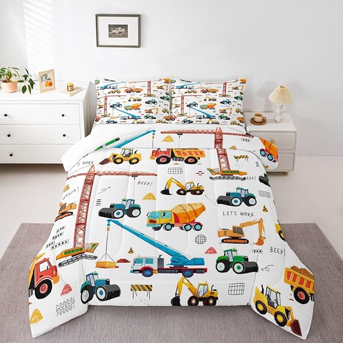 Tractor Comforter, Excavator Machinery Trucks Bedding Set Full Size, Construction Vehicle Down Comforter, Bulldozer Crane Equipment Truck Quilt Set For Child Teens 3Pcs Bedroom Decor, Yellow Green