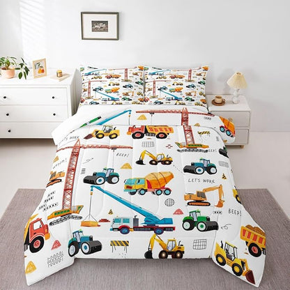 Tractor Comforter, Excavator Machinery Trucks Bedding Set Full Size, Construction Vehicle Down Comforter, Bulldozer Crane Equipment Truck Quilt Set For Child Teens 3Pcs Bedroom Decor, Yellow Green