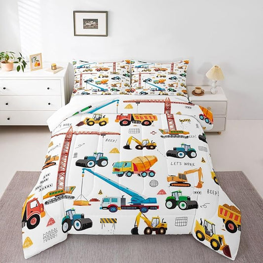 Construction Bedding Set Kids Cartoon Car Comforter Set Equipment Trucks Excavators Down Comforter King Bedroom Decor Vehicle Construction Site Car Duvet Insert With 2 Pillow Cases, Yellow White