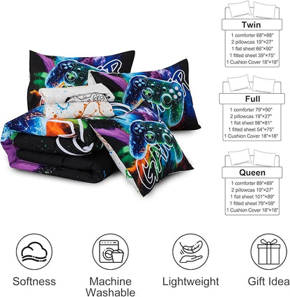 Aimuan Gamer Gaming Bedding Sets 3D Gamepad Comforter Sets for Boys Games Console Action Buttons Novelty Colorful Game Controller Modern Room Decor Home Quilt Set (Black-Green, Twin 6Pcs)