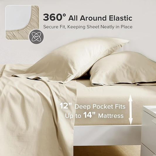 Comfort Spaces 100% Cotton Sheets Twin, Breathable & Ultra Soft Cotton Sheets, Naturally Cool Cotton Bed Sheets with 12" Elastic Pocket Fits up to 14" Mattress, All Seasons Sheet Set, Cream 3 Piece