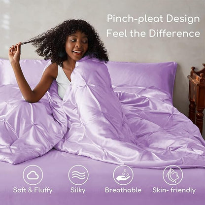 MR&HM Satin Comforter King 7 Pieces - Luxurious Pinch Pleat Bedding Set with Comforter, Flat Sheet, Fitted Sheet, Pillowcases & Shams, Super Silky Soft Bed Set for All Season (King, Lilac)