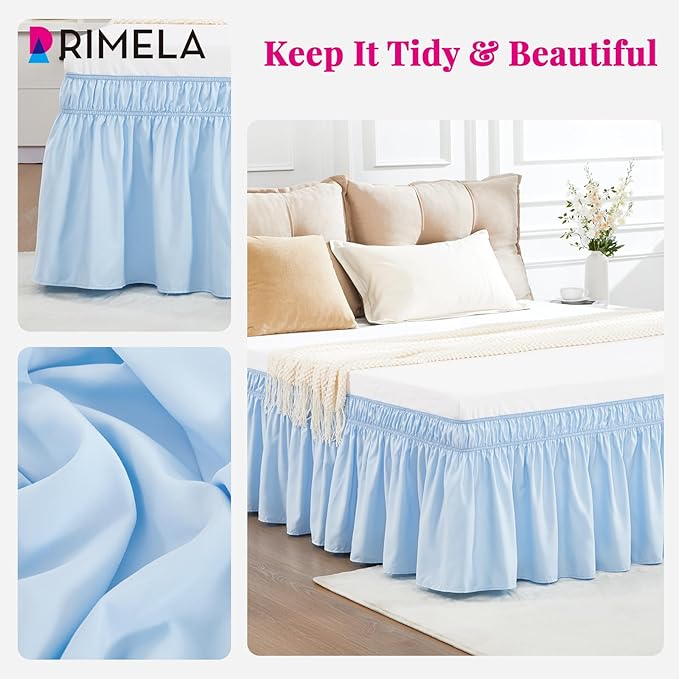RIMELA Light Blue Bed Skirt King Size 18 Inch Drop, Elastic Bed Skirting for Bed Base and Frame, Bedding Dust Ruffle Easy to Install, Lightweight Wrap Around Adjustable Bedskirt