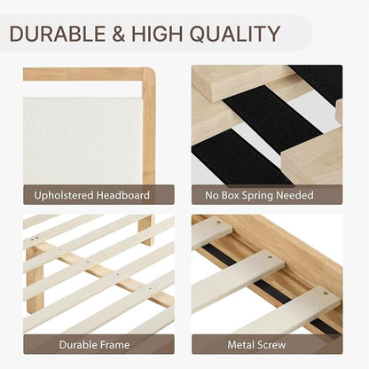 KISLOT Wood Bed Frame, with USB Headboard & Footboard, Cream, Full | Mattress Foundation, Strong Wooden Slat Support, Noise-Free, No Box Spring Needed, Easy Assembly