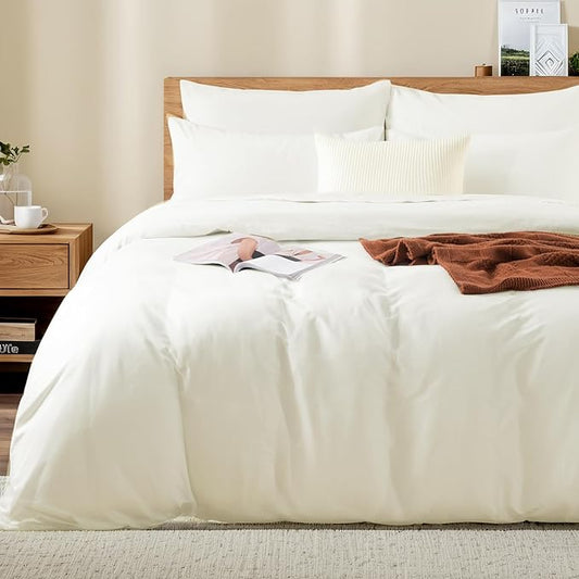 NEXHOME PRO Full Duvet Cover Set, 100% Washed Cotton with Linen-Like Texture, Natural Organic, Breathable & Comfortable, Includes Home Bedding Set Milk White (No Comforter) 8090