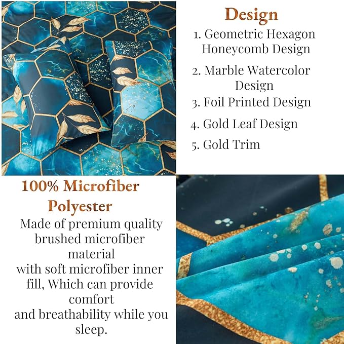 ANGIYUIN Turquoise Gold Hexagon Queen Comforter Set, 7Pcs Honeycomb Bed in A Bag Marble Printed Bed Sets Gold Trim Bedding Comforter Sets, Foil Print Bedding Sets with Sheets Pillowcases (Teal Queen)