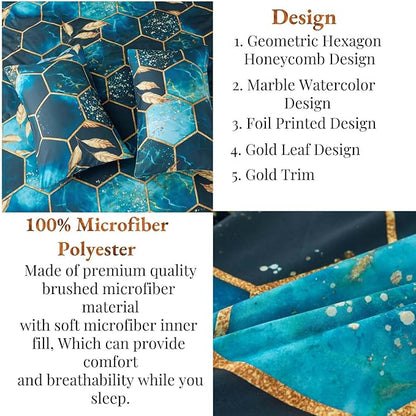 ANGIYUIN Teal and Gold Honeycomb Full Comforter Set, 7Pcs Geometric Hexagon Bedding Decor Gold Trim Bed in A Bag, Watercolor Foil Print Bed Comforter Sets with Sheets Pillowcases (Teal Full)