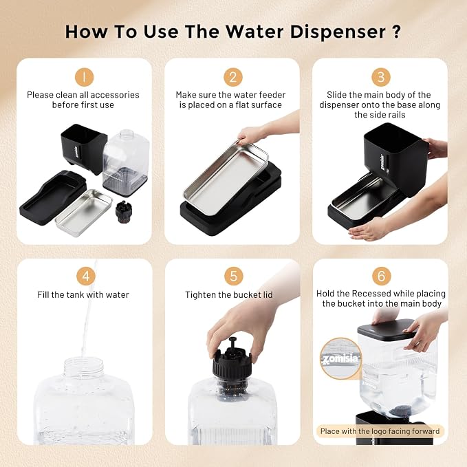 ZOMISIA Automatic Dog Water Dispenser 6L with Stainless Steel Bowl, Automatic Water Bowl Dispenser for Cats, 1.6 Gallon Pet Waterer 100% BPA Free, Black