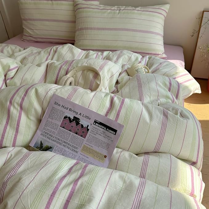 EAVD Retro Striped Duvet Cover King Size Soft 100% Cotton Green Purple Verical Striped Bedding Set with 2 Pillowcases Reversible Farmhouse Geometric Duvet Cover with Zipper Closure