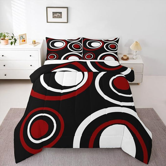 Erosebridal Red Black Striped King Bedding Set Modern Circle Abstract Comforter Set for Adult Women Men Contemporary Graffiti Lines Bed Collections Minimalists Aesthetic Boho Duvet Quilt Sets
