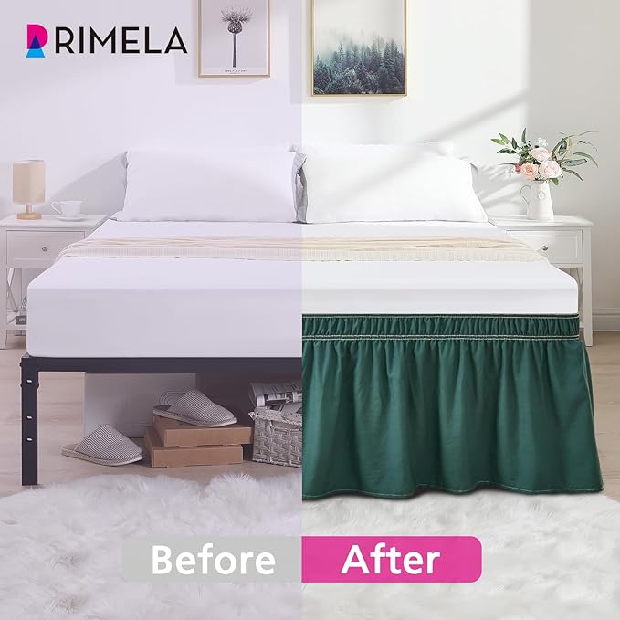 RIMELA Emerald Green Bed Skirt Queen Size 18 Inch Drop, Wrap Around Elastic Bedskirt, Dust Ruffle for Adjustable Bed Base Machine Washable Easy to Install Bed Skirts,Christmas Bedroom Decor