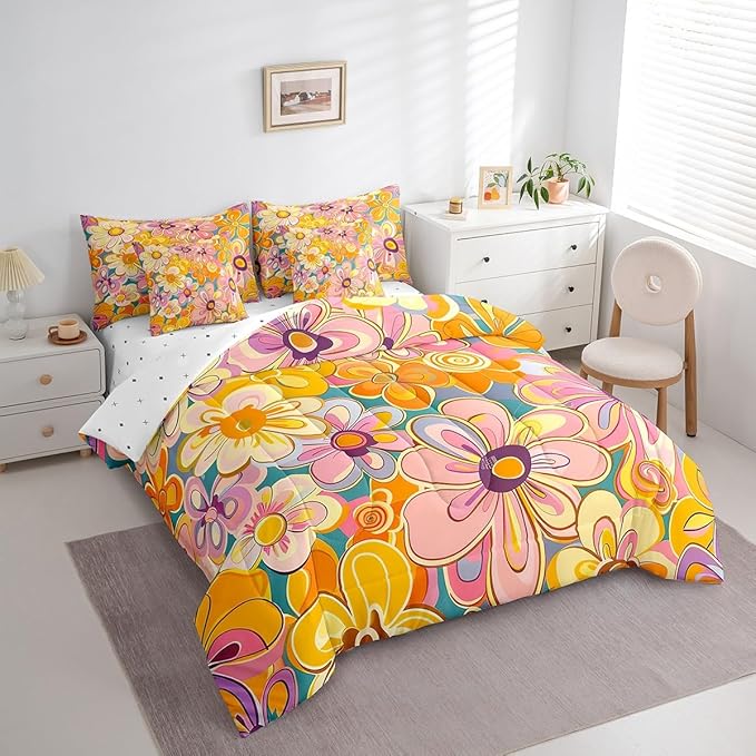 Bohemian Twin Comforter Set with Sheets Bed in a Bag 7 Pcs,70s Hippie Floral Retro Flowers Bed Set,Vintage Farmhouse Style Bedding Sets with Comforter,Flat,Fitted Sheet,Pillowcases,Pillow Covers