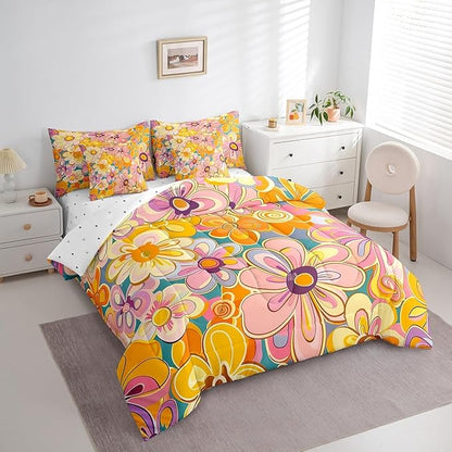 Bohemian King Comforter Set with Sheets Bed in a Bag 7 Pcs,70s Hippie Floral Retro Flowers Bed Set,Vintage Farmhouse Style Bedding Sets with Comforter,Flat,Fitted Sheet,Pillowcases,Pillow Covers