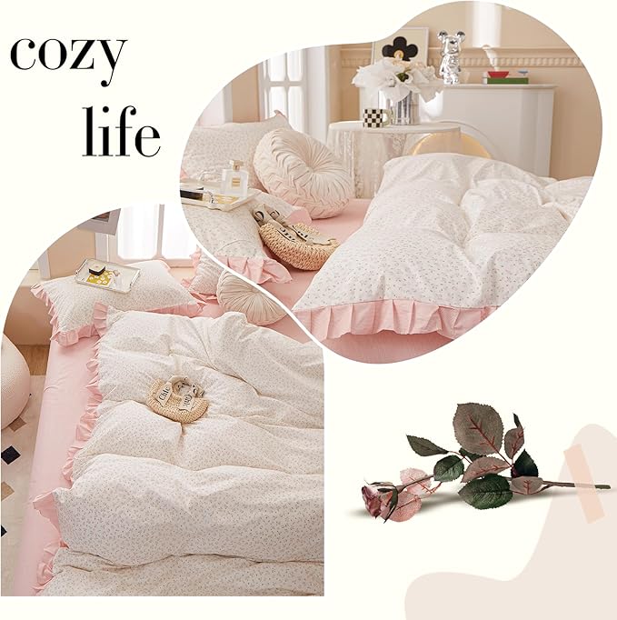 VM VOUGEMARKET Pink Flower Comforter Set Twin XL 3 Pieces Ruffle Comforter with 2 Pillow Shams Romantic Princess Bedding Comforter Set for Teen Girls-68 x90